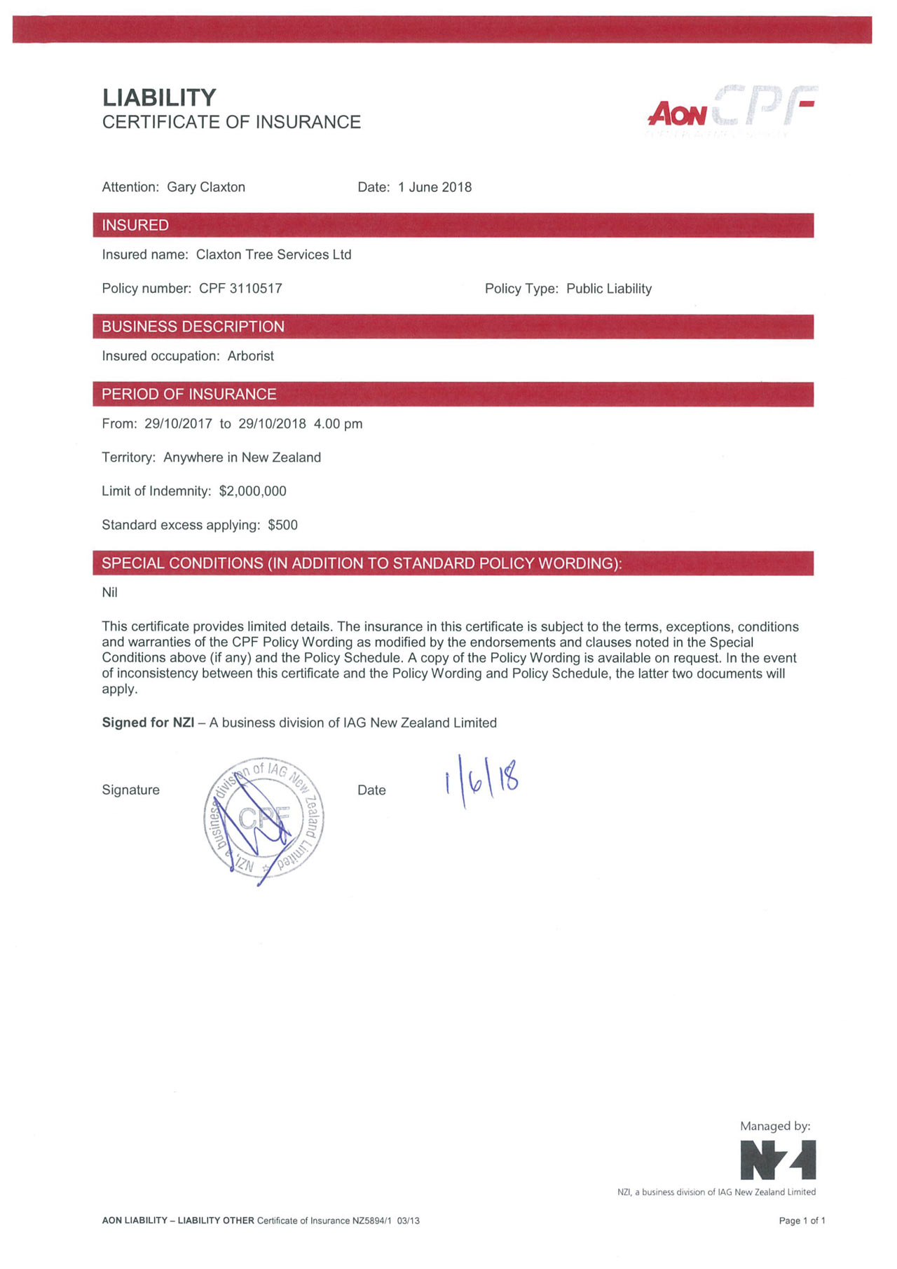 Certificate of Insurance